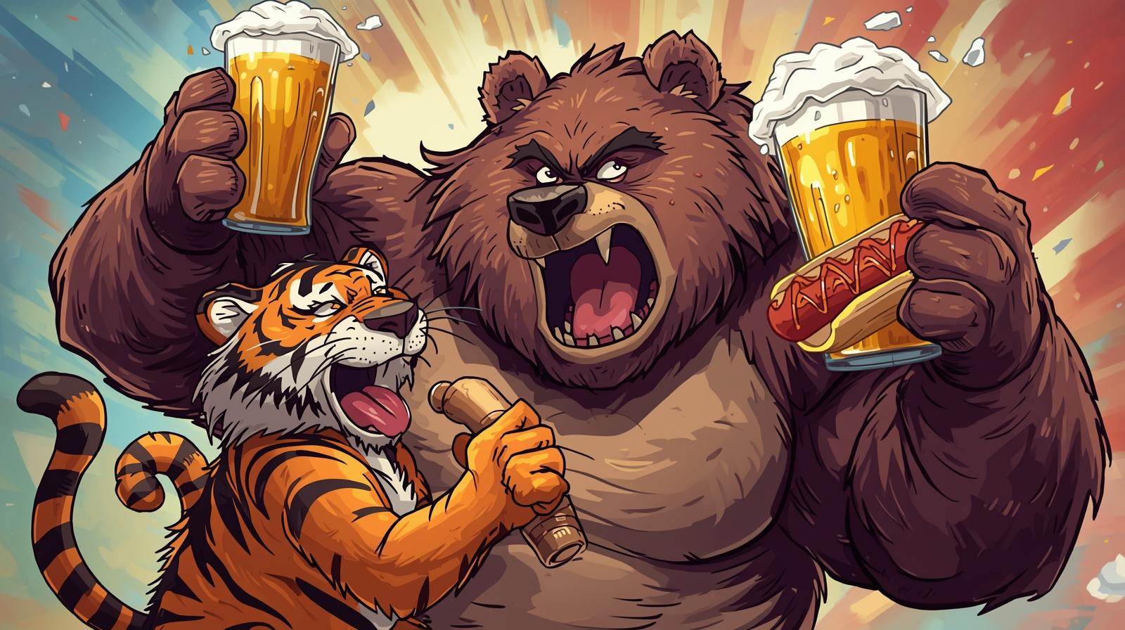 create an image of a bear attacking a tiger while the bear is drinking a beer and eating a hot dog