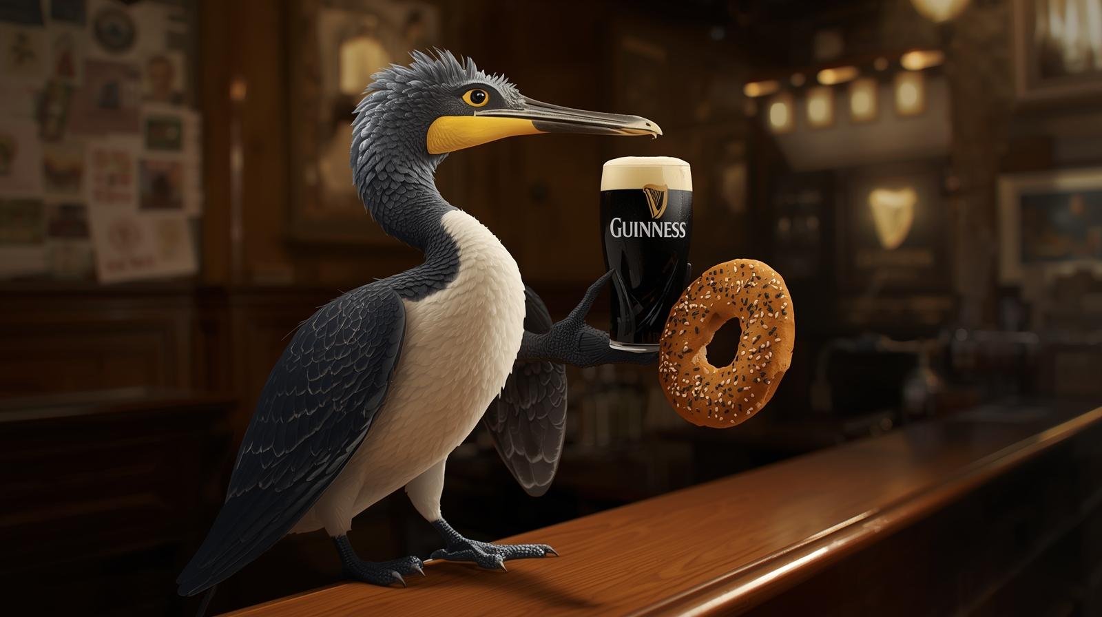 create an image of the cormorant bird from the liverpool fc logo drinking a guinness draft beer and eating a bagel